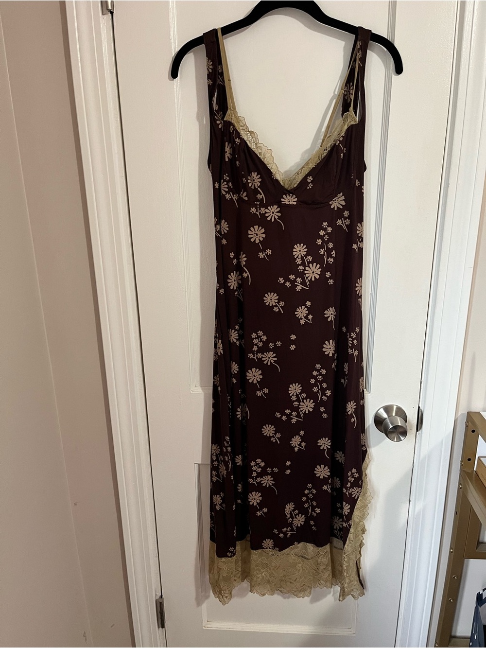 NWT Free People Brown Floral Slip Dress with Beige Lace Trim - Picture 3 of 6